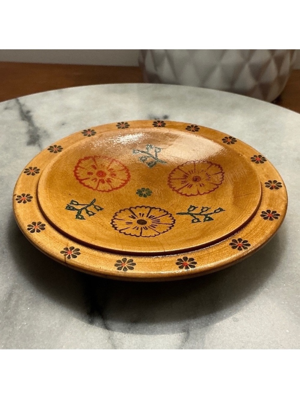 Vintage USSR Wood Carved Hand Painted Plate